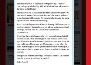 Scrisoarea lui Colin Powell, prin care admite relația cu Corina Crețu.  Sursa: The Smoking Gun